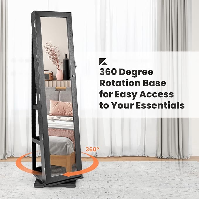 CHARMAID 360° Swivel Jewelry Armoire with Full Length Mirror, Standing Lockable Jewelry Cabinet Organizer, Large Storage Capacity, Inside Makeup Mirror, Back Storage Shelves (Black)