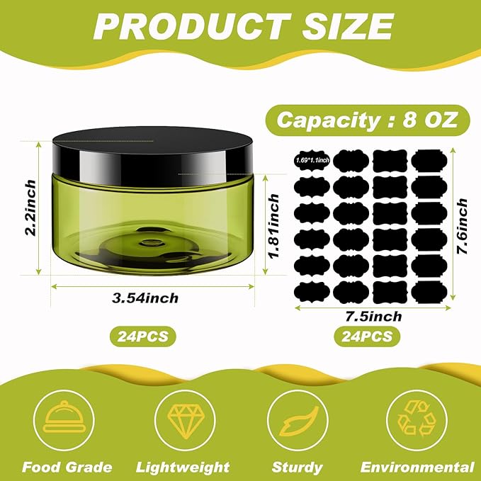 Dandat 24 Pcs 8 oz Plastic Jar Container with Lid and Label Refillable Empty Round Green Pet Cosmetic Sample Slime Containers for Lotion, Cream, Ointments, Body Butter, Makeup, Travel Storage