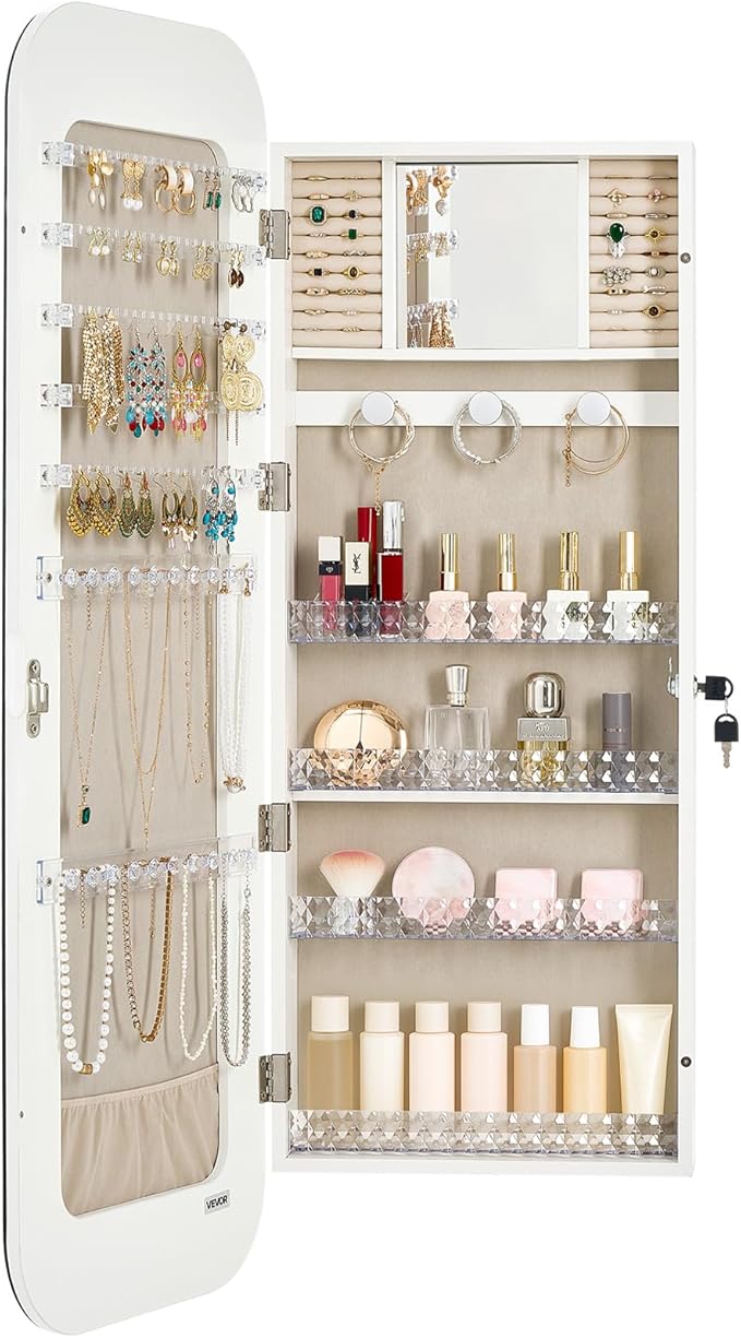 VEVOR Mirror Jewelry Cabinet, 42.5-inch Tall, Full-Length Mirror with Storage, Wall Mount/Over the Door Jewelry Armoire Organizer, Rounded Design, Lockable with 2 Keys and a Travel Organizer, White