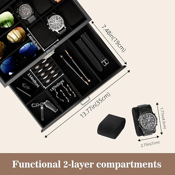 ProCase Lacquered Finish Wooden Men's Jewelry Box, 6 Slots Watch and Sunglasses Box Organizer for Men, 2-Tier Watch Holder Display Cases with Glass Top and Storage Drawer -Black