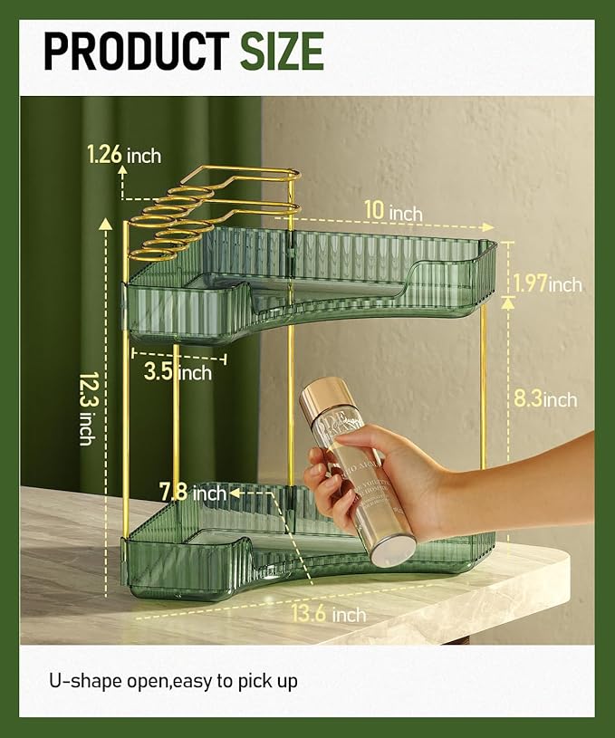 2-Tier Corner Bathroom Counter Organizer Makeup Cosmetic Storage, Tool-Free Installation Acrylic Vanity Shelf, Skin Care Organizer Perfume Tray for Countertop Bathroom, Dresser, Kitchen (Green)