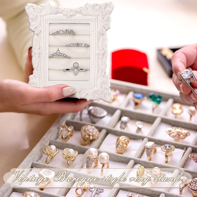 Vintage Ring Holder Rectangle White Ring Display Stand Frame Earring Display Tray Anniversary Engagement Baroque Wedding Jewelry Organizer Photograph Prop for Women Christmas Gift