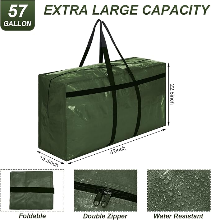 Windyun 4 Pack 57 Gallon Extra Large Moving Bags XXL Heavy Duty Storage Bag with Strong Zipper Handle Jumbo Big Tote Box Foldable for College Dorm Travel Clothes Duffle Blanket Pillow(Army Green)