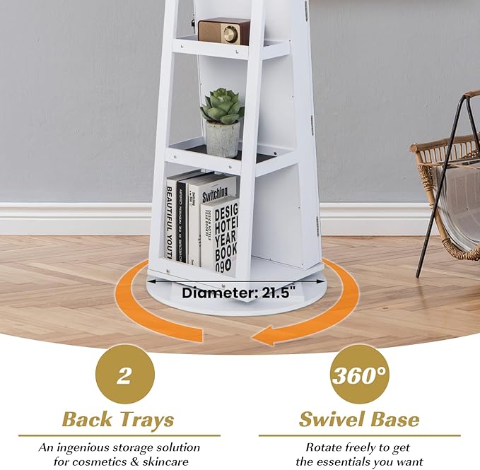 GOFLAME 360° Rotating Jewelry Cabinet with Full-Length Mirror, Freestanding Jewelry Armoire with 3-Color LED Light and Back Storage Shelf, Lockable Jewelry Organizer for Bedroom Cloakroom, White