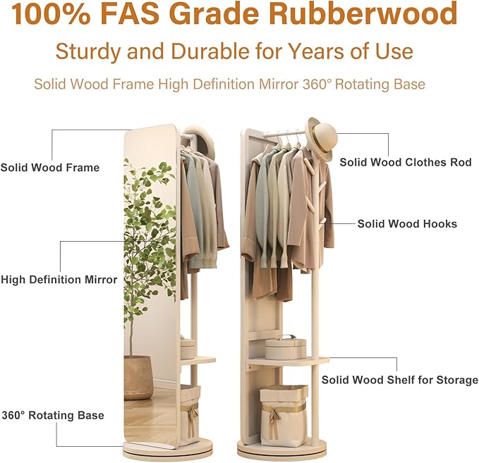 70"x19"Full Length Mirror with Stand,Coat Rack with Mirror,Solid Wood Floor Mirror,Swivel Mirrorfor Bedroom, Living Room, Cloakroom