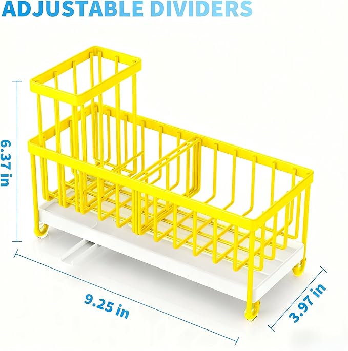 Cisily Sponge Holder for Kitchen Sink, Sink Caddy Organizer with High Brush Holder, Kitchen Countertop Organizers and Storage Essentials, Rustproof 304 Stainless Steel (Yellow, 9.25″)