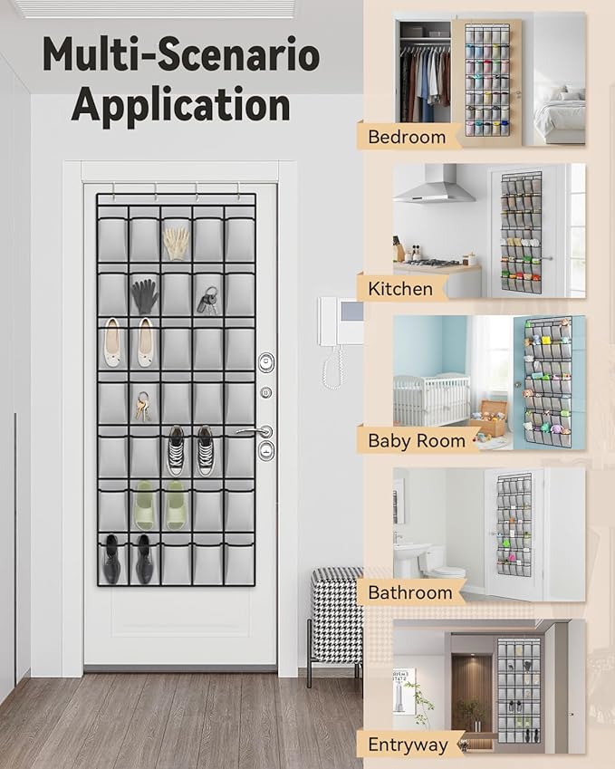 dodowin Over the Door Shoe Organizers, 2 Pack - 35 Deep Mesh Pockets Each, Over The Door Shoe Rack with 4 Metal Hooks Each, Space Saving Hanging Storage Holder for Closets, Shoes & Accessories, Gray