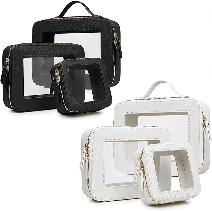Makeup Bag | Transparent Toiletry Bag | Portable Waterproof Makeup Storage Bag | Travel-Specific Skincare Storage Bag | 2 Sets, L+M+MINI (White+Black)