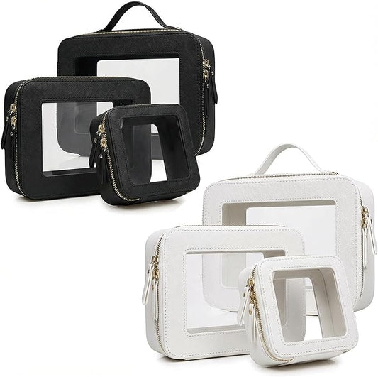 Makeup Bag | Transparent Toiletry Bag | Portable Waterproof Makeup Storage Bag | Travel-Specific Skincare Storage Bag | 2 Sets, L+M+MINI (White+Black)