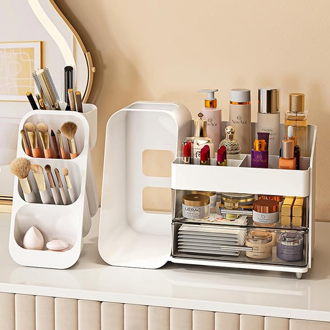 Makeup Organizer with Drawers,Large Capacity Countertop Organizer for Vanity,Bathroom and Bedroom Desk Cosmetics Organizer,Easy To Storage Skincare,Brushes, Eyeshadow, Lotions, Lipstick (White)