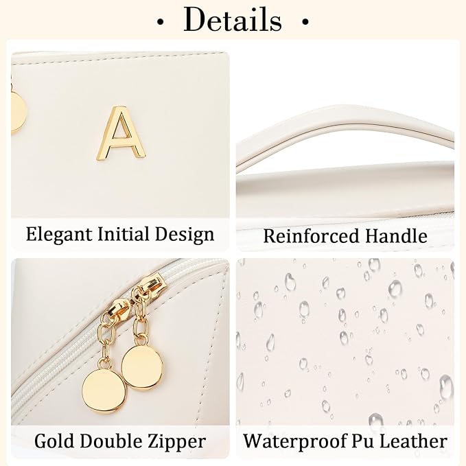 Valentine's Day Gifts for Women Teen Girl, Personalized Initial Makeup Organizer Bag Set, Open Flat Travel Cosmetic Bag With Clear Divider and Handle(Beige,A)