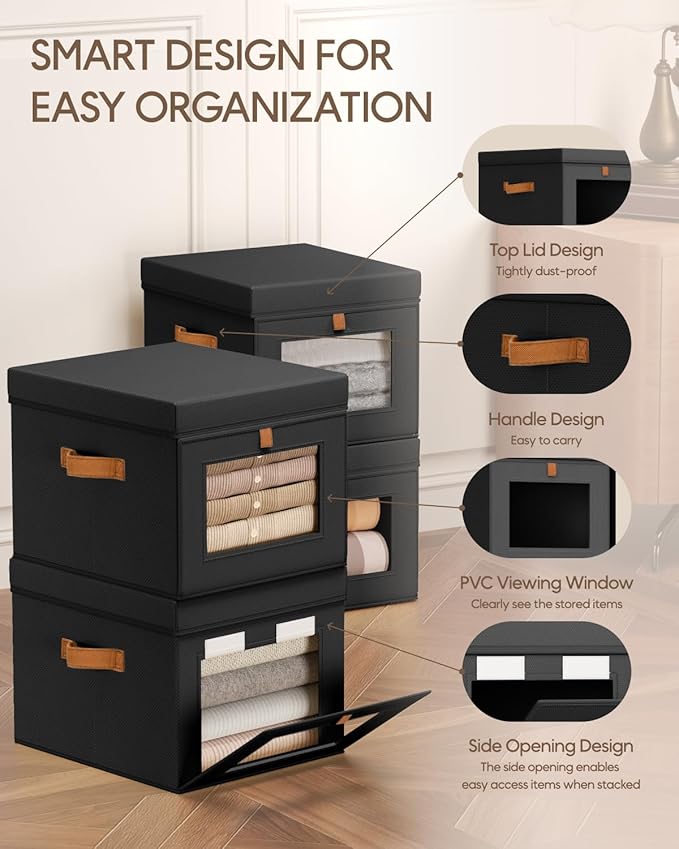 Storage Bins with Lid – Closet Organizer with Side Opening and Clear Window, Foldable Stackable Fabric Basket for Clothes, Home, Office - 13.77" x 11.8" x 9.8", 3 Pack, Black