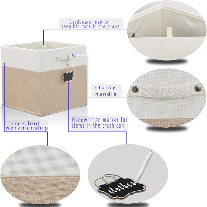 Storage Cubes,13x15x13 storage cube bins Set of 4,Foldable Fabric Storage Cubes with Labels,Linen Cube Storage Organizer Bins Kallax Storage Cubes for Organizing Shelves Cabinet(White Khaki).