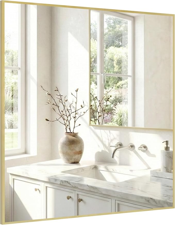 36"x36" Large Gold Wall Mirror, Metal Framed Bathroom Vanity Mirror, Oversized Square Mirror Over Sink, Luxury Living Room Decor, Flush Mount