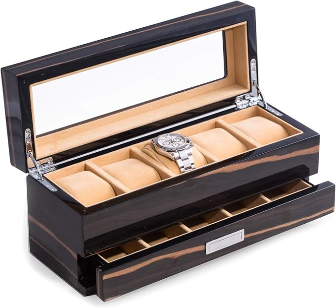 Bey-Berk Personalized Ebony Wood 5-Slot Watch Box, Lacquered Glass-Top Watch Display Case with Velour-Lined Cushions and 5-Compartment Accessory Drawer, 12" x 4.25" x 5.15"
