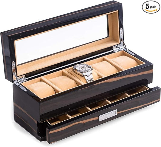 Bey-Berk Personalized Ebony Wood 5-Slot Watch Box, Lacquered Glass-Top Watch Display Case with Velour-Lined Cushions and 5-Compartment Accessory Drawer, 12" x 4.25" x 5.15"