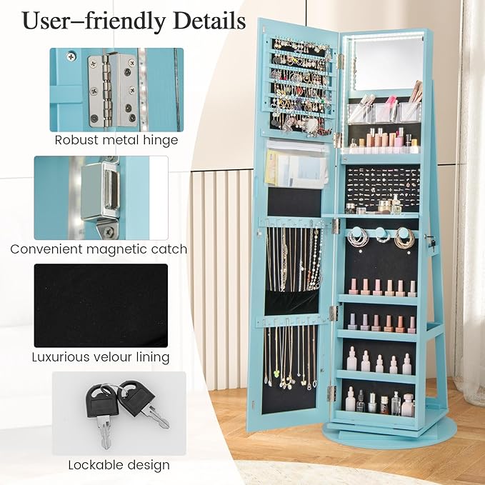 Mirror Jewelry Cabinet Standing with Full Length Mirror, 360° Swivel Jewelry Armoire with 3-Color LED Lights & Foldable Makeup Shelf, Lockable Organizer for Women, Space-Saving (Sky Blue)