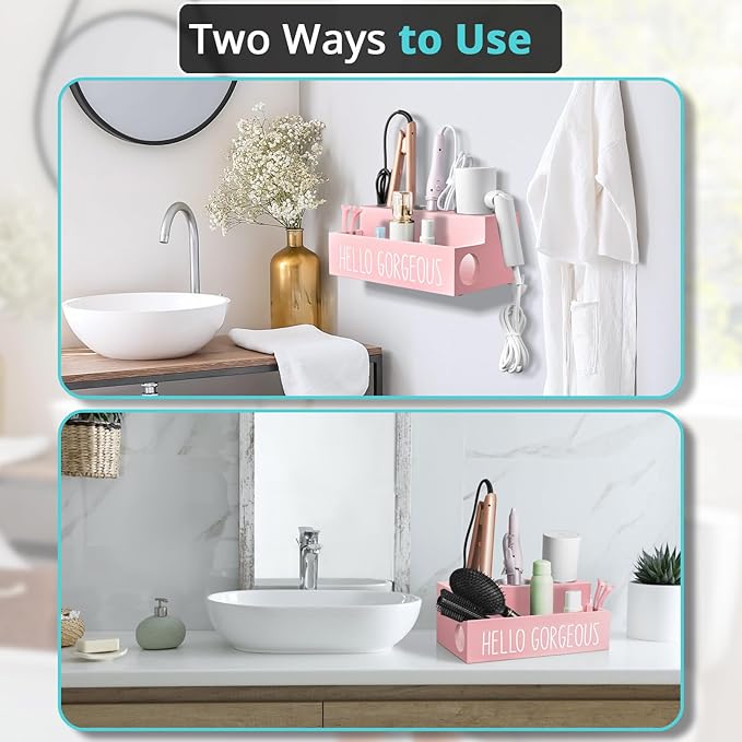 Bivvclaz Hair Tool Organizer, Wooden Hair Dryer Holder Countertop, Wall Mount Hot Tools Organizer for Hair Styling Accessories, Bathroom Supplies Vanity Caddy for Curling Wand, Blow Dryer, Pink