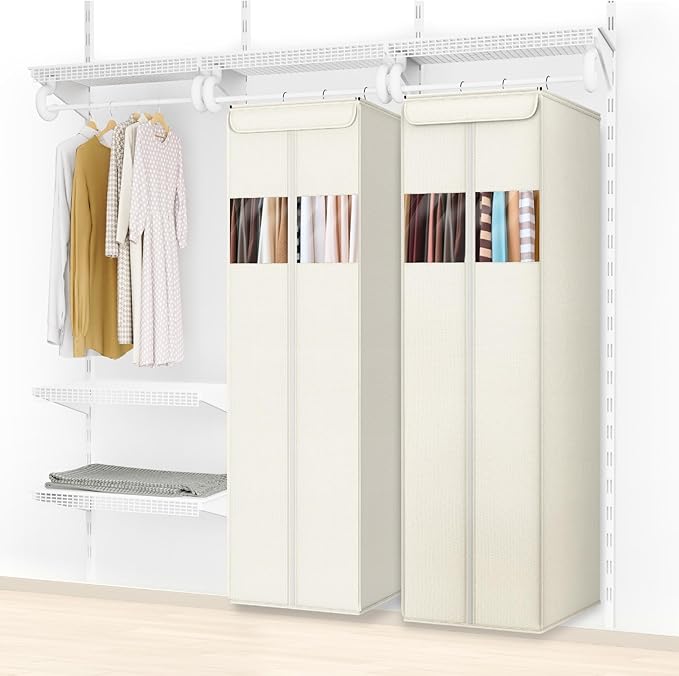 Zilink Long Dress Bag for Hanging Clothes 65" Dress Bags for Gowns Long with Clear Window Space Saving Dress Storage Bags Hanging for Long Dresses, Winter Coat, Trousers, Fur, Beige