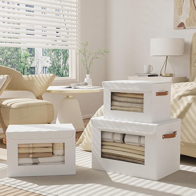 Foldable Storage Baskets with Lids, 13 x 9.1 x 7.9 Inch Closet Organizers for Sock Hat Blanket, Fabric Storage Boxes with Handles, White, 3-Pack