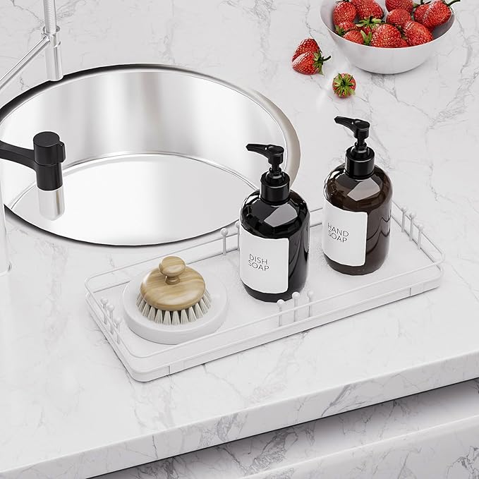 Bathroom Vanity Tray for Countertop Toiletries Perfume Makeup Soap Dispenser Toilet Tank, Kitchen Tray for Salt Spice, Decor Tray for Candle Nightstand Coffee 11.3”x 4.4” White