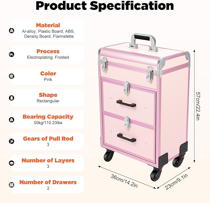 Professional Rolling Makeup Train Case with Drawers, Large Cosmetic Trolley with Locks,Cosmetic Trolley Organizer Case for Travel Makeup/Nail Art/Hair Styling (Pink)