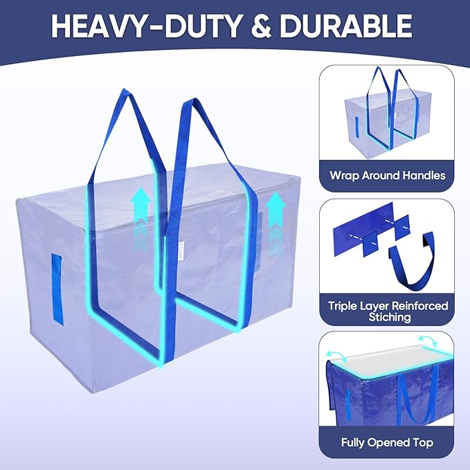 TICONN 8 Pack Extra Large Moving Bags with Zippers & Carrying Handles, Heavy-Duty Storage Tote Moving Boxes for Space Saving (8 PK, 30 Gallon)