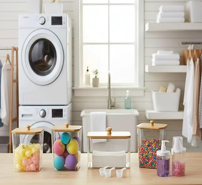 4+2-Piece Laundry Storage box: Includes transparent laundry pod storage box (with wooden lid and label) and liquid detergent container. Suitable for fabric softener, powder detergent, and laundry pods