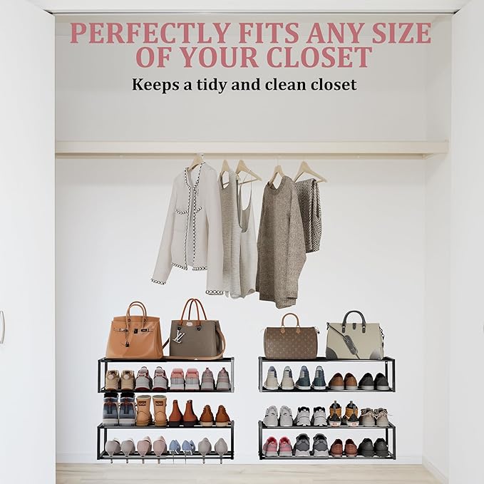 4 Pack Expandable Wall Mounted Shoe Rack, 17"-31" Adjustable Hanging Shoe Rack Holds 32 Pairs, Heavy Duty Metal Shoe Holder with 8 Storage Hooks, Space Saving for Entryway Closet Doorway（Black
