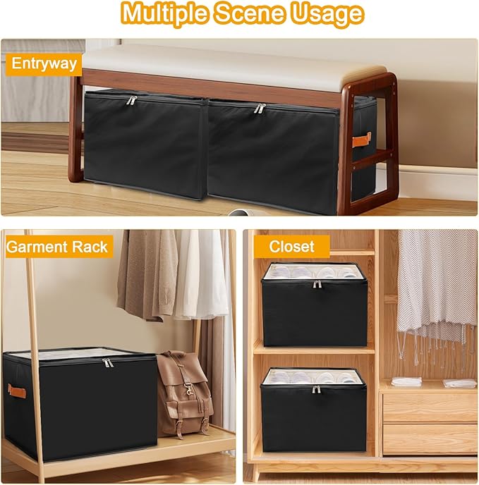 Shoe Organizer for Closet 2 PCS Foldable Shoe Storage Organizer with Clear Cover, Fits up to12 pairs Shoes Organizer Box Bin With Bottom Support (black)