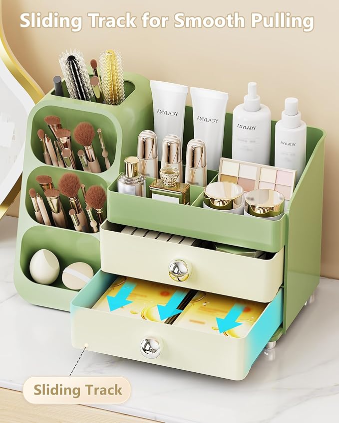 Makeup Organizer with Drawers, Skincare Organizer (Large Size Thick), Storage Box Cosmetic Display Cases, Make up Organizers for Vanity, Dresser, Desk, Kitchen, Countertop (green)