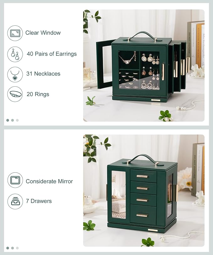 Homde Valentine's Day gifts Jewelry Box 360° Rotating, Necklace Earring Organizer with Transparent Window, Mirror, 7 Drawers, Large Ring Display Storage Case for Girls Women (Forest Green)