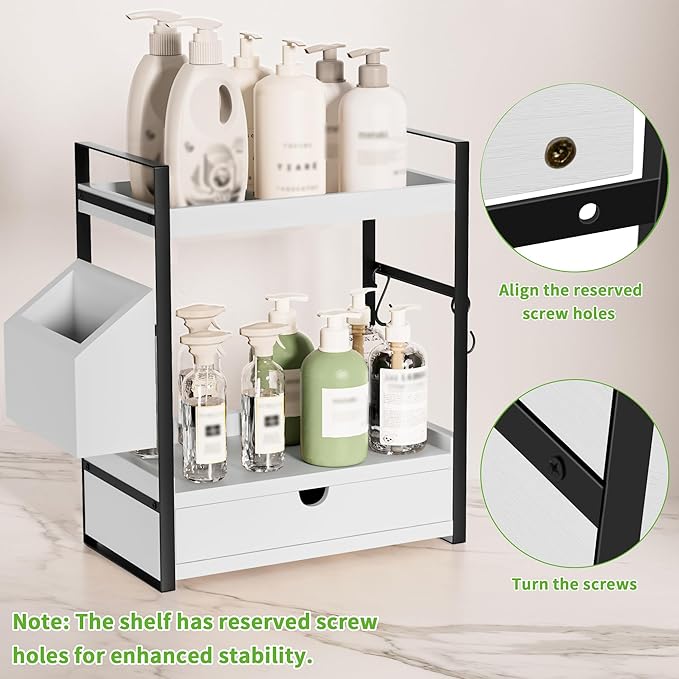 2-Tier Bathroom Counter Organizer with Drawer and Basket, Wood Countertop Organizer for Storage, Skincare Organizers for Vanity, Counter Shelf for Bathroom Organization,White