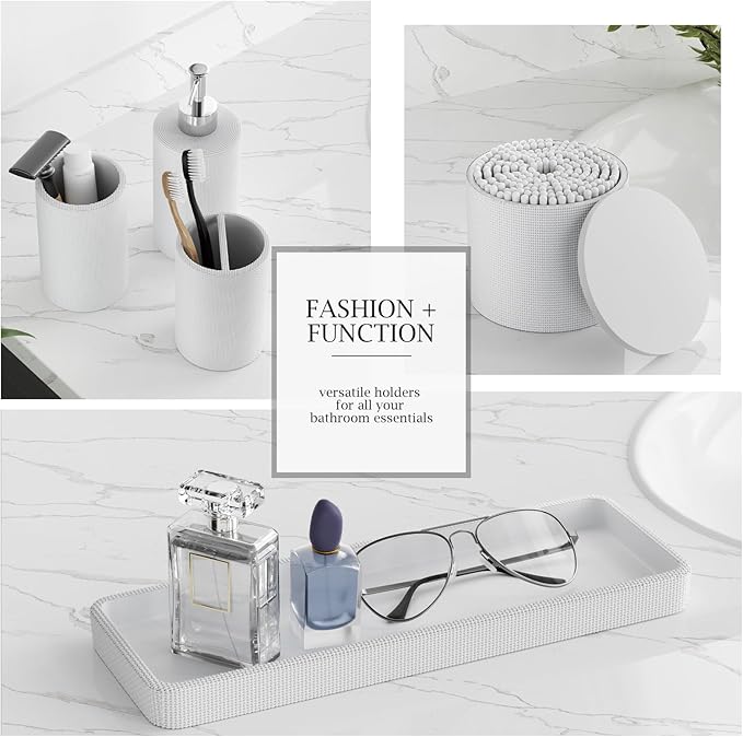 6-Piece White Bathroom Set - Mesh Textured Resin Bathroom Accessories Set with Soap Dispenser, Toothbrush Holder, Cup, Vanity Tray & Apothecary Jars for Small Spaces