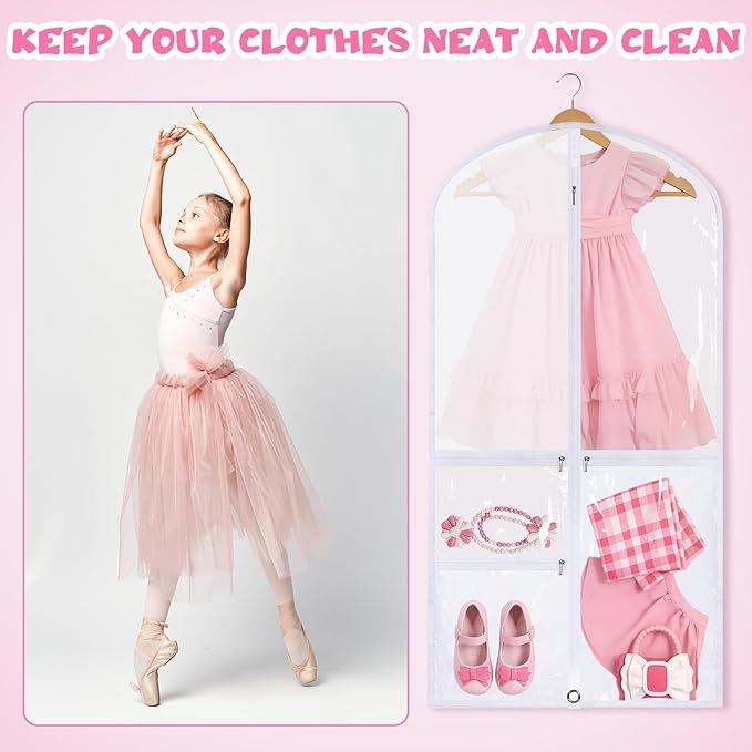 Geelin 14 Pcs Garment Bags for Dance Costumes PVC Clear with Zippers 20 x 40 Inch Garment Bag with Pockets Dance Costume Organizer Carrier for Storage Cover for Adult (White)