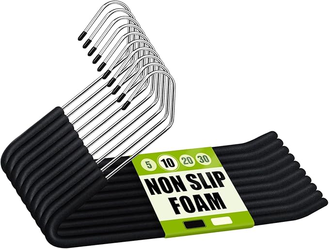Spring Fever Open Ended Non Slip Sponge Padded Pants Hangers - Chrome Plating Foam Heavy Duty Space Saving Black 10