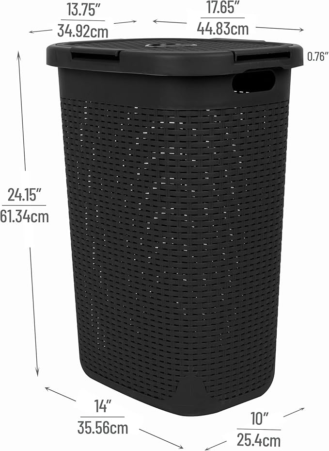 Mind Reader Slim Laundry Hamper with Lid, 60L Clothes Baskets, Premium Wicker Design, Plastic, 2-Pack, Black