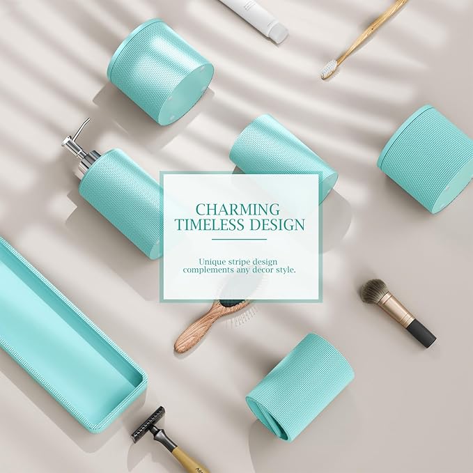 6-Piece Teal Blue Bathroom Set - Mesh Textured Resin Bathroom Accessories Set with Soap Dispenser, Toothbrush Holder, Cup, Vanity Tray & Apothecary Jars for Small Spaces