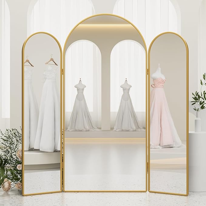 3 Way Arched Full Length Mirror Free Standing, 71"x 67" Large Modern Trifold Mirror, 3-in-1 Detachable Panel Tempered Glass & Metal Frame, for Dressing Room, Bridal Shop,Clothing Store (Gold)