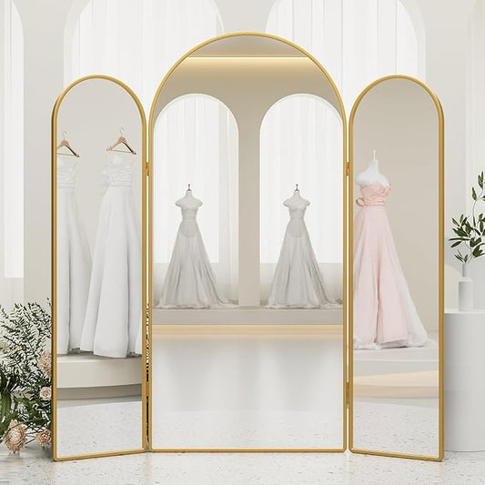 3 Way Arched Full Length Mirror Free Standing, 71"x 67" Large Modern Trifold Mirror, 3-in-1 Detachable Panel Tempered Glass & Metal Frame, for Dressing Room, Bridal Shop,Clothing Store (Gold)