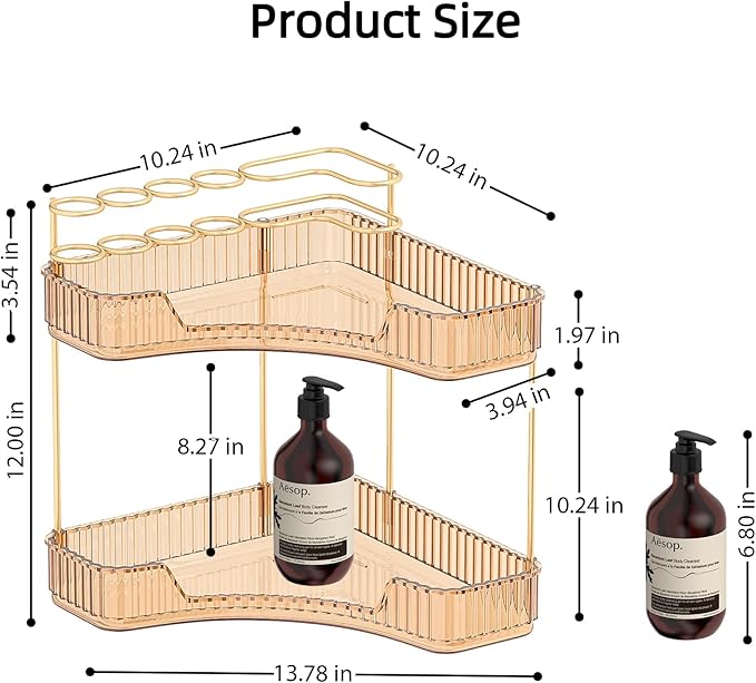 Corner Bathroom Counter Organizer with Top Toothbrush Holders, 2-Tier Make Up Organizers for Vanity with Brush Holder, Corner Storage for Bathroom, Kitchen, Dresser