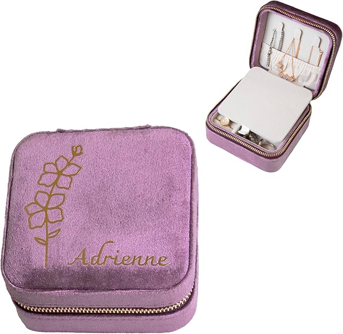 Customizable Compact Velvet Jewelry Box with Mirror, Travel Jewelry Case, Travel Jewelry Organizer, Jewelry Box for Women and Girls, Small Jewelry Organizer (Flower Design, Mulberry)