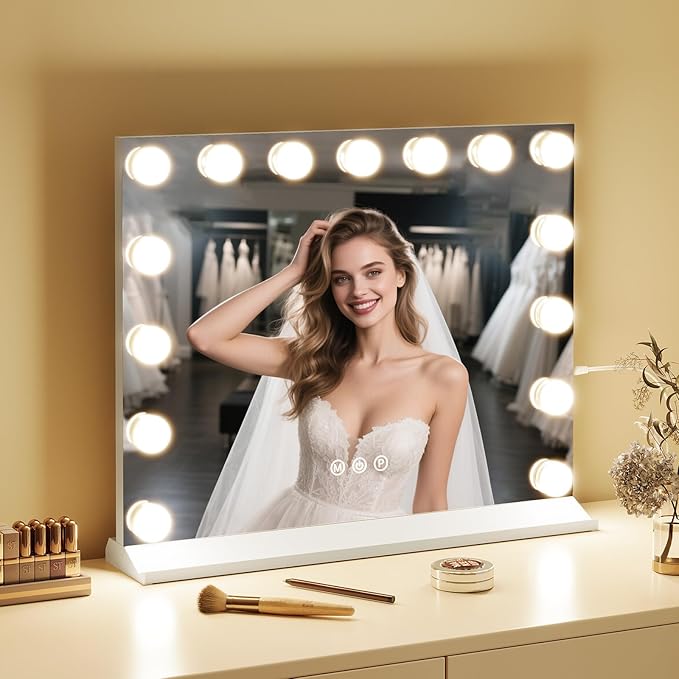 Vanity Mirror with Lights, Makeup Mirror with USB/Type-C Charging, Large Hollywood Mirrors w/ 15 LED Bulbs & 5X Magnifier, LED Mirrors for Bedroom Tabletop & Wall Mounted