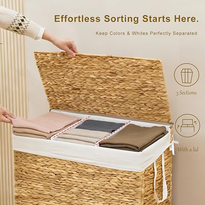 3-Section Laundry Hamper with Lid, Large Capacity Woven Natural Water Hyacinth Laundry Sorter with Removable Liners, Rolling or Non-Slip Design for Bedroom (Natural, 3-Section)