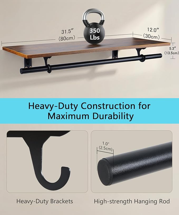 FIRJOY Closet Shelf with Hanging Rod, Heavy Duty (Black, 1 PACK 11.8" x 31.4")