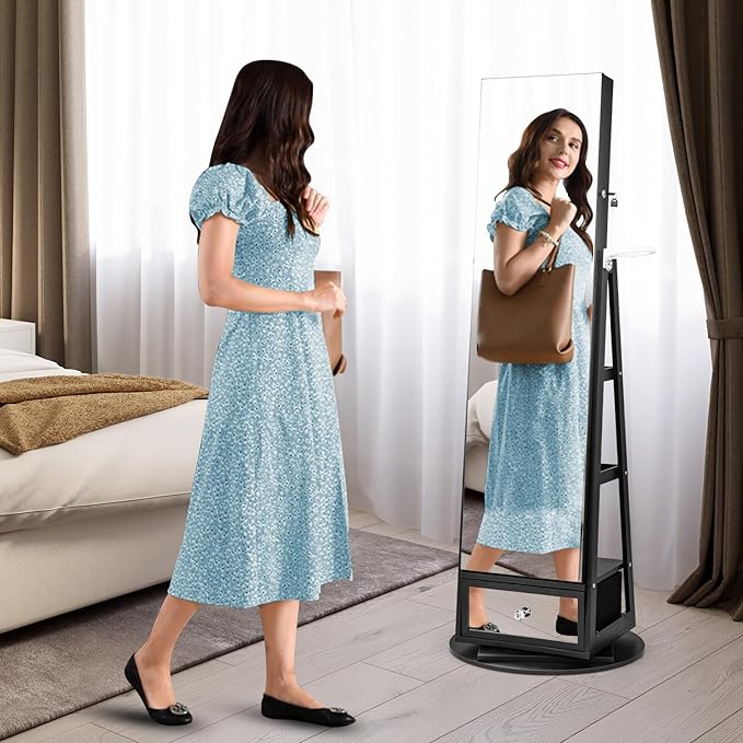 GOFLAME 360 Rotating Jewelry Cabinet with Full Length Mirror, Standing LED Jewelry Armoire, Lockable Jewelry Organizer with Hair Dryer Rack, Back Storage Shelves, Inner Makeup Mirror, Black