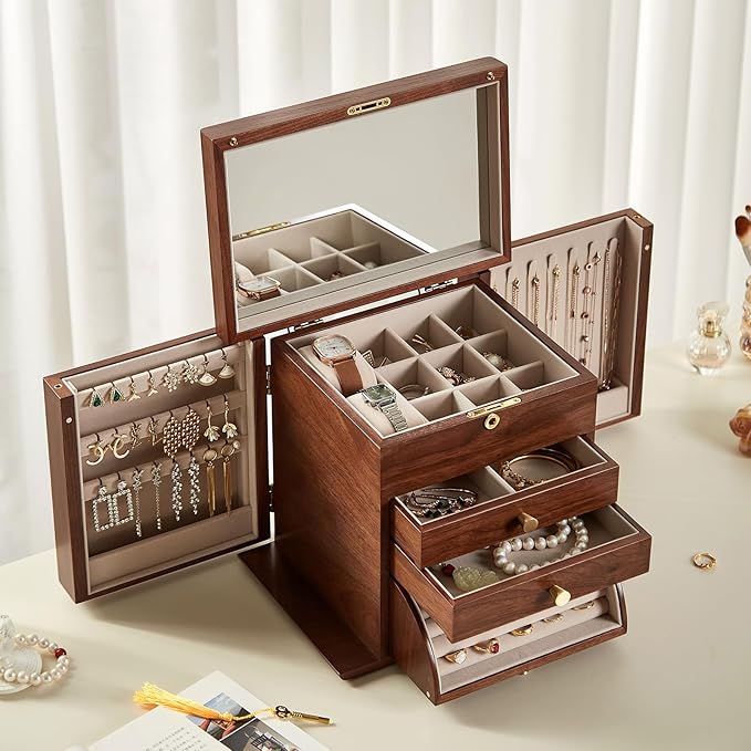 CHOSIN Black Walnut Wooden Jewelry Box, 4-Layer Lockable Organizer with Mirror, Rotatable Ring Holder,Side Doors & Brass Handle, Classical Design for Rings, Necklaces, Earrings, Valentine's Day Gifts