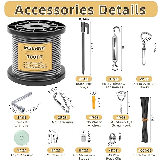 1/8" Black Wire Rope Kit 100FT 304 Stainless Steel Vinyl Coated with M5 Turnbuckles, 7x7 Strand Core Aircraft Cable for String Light, Picture Hanging, Clothesline, Curtain, and Plant Trellis