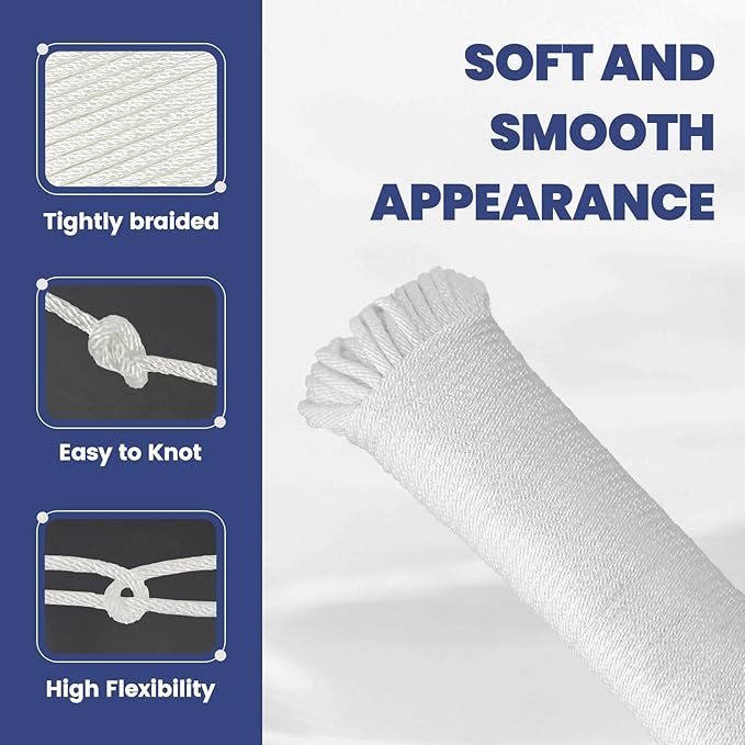 MERIANE 1/8inch 100FT Nylon Rope – Multipurpose Heavy Duty – Abrasion & UV Resistant – Ideal Use for Camping, Clothesline, Marine Rope, Flag Line - Shock Absorption Rope for Indoor Outdoor
