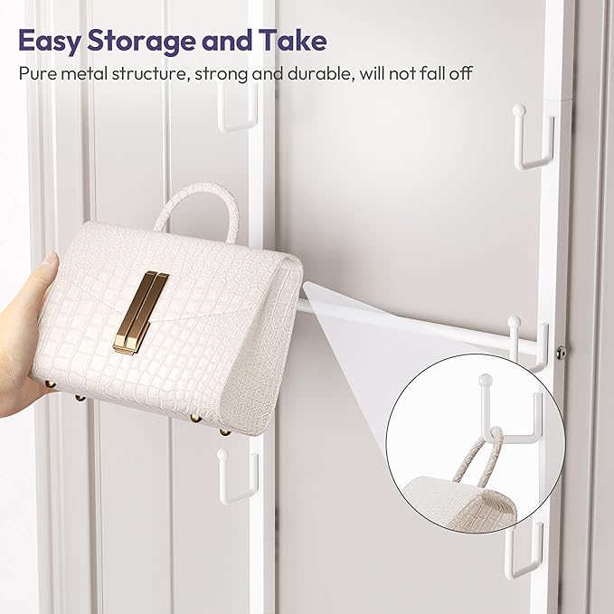 SWTYMIKI Over The Door Purse Organizer - Wall Mounted Handbag Organizer with 10 Hooks and Metal Basket, Hanging Purse Storage Rack Holds up to 10 Bags, Bag Rack Can Use As 1/2 Part, for Door, Closet